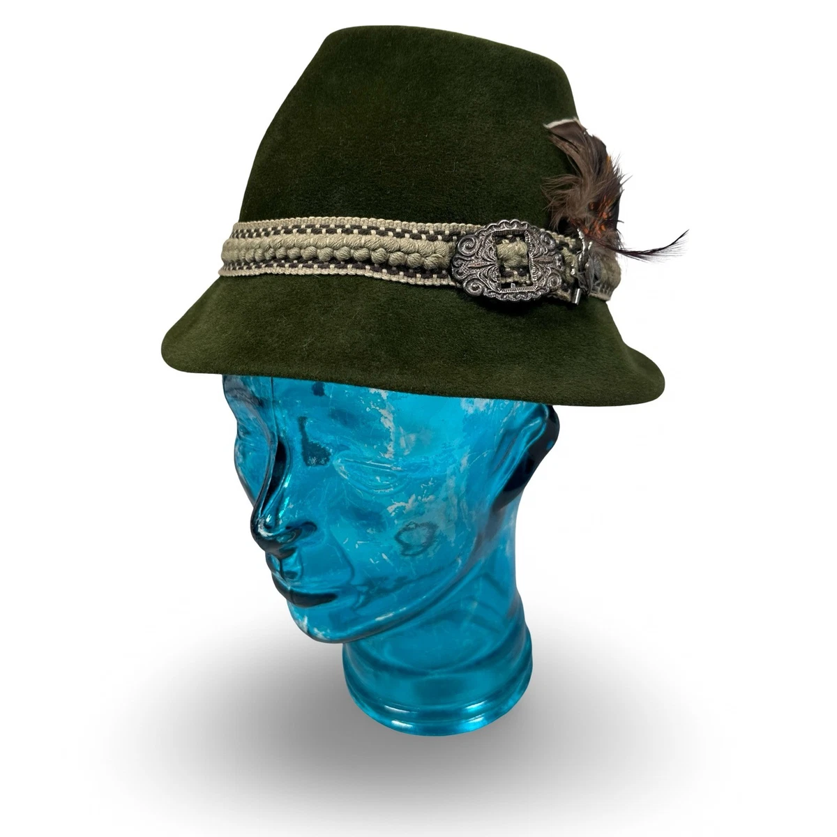 Wyeth Dark Green Felt Fedora Hat with Feather Trim NWT Forest Green Shag Diamond Fedora 7 1/8 - I Wanna Hat main image 3