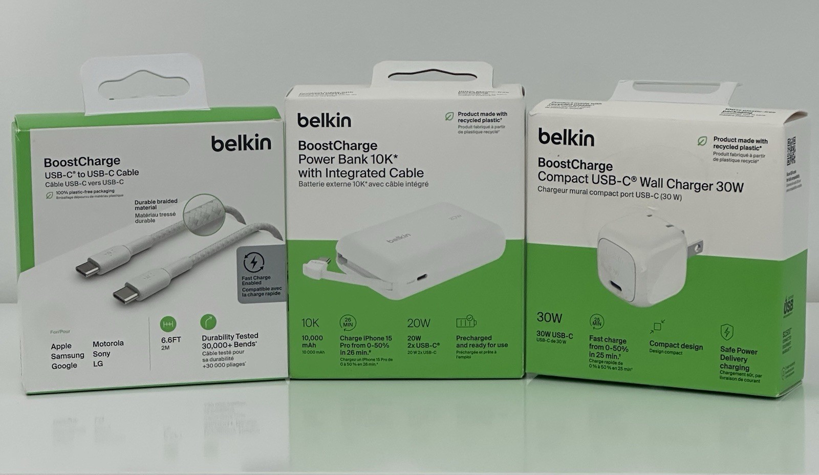 Belkin Power Bank W&sol;Integrated Cable 10K&comma; USB-C Cable & Wall charger 30W Bundle