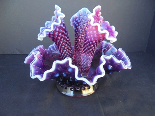 Vintage Fenton Plum Opalescent Hobnail 8" Epergne Excellent Condition