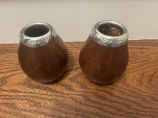  Yerba Mate Gourd Cup w/ Silver Floral Rim Decorative Set of 2 Latin American 