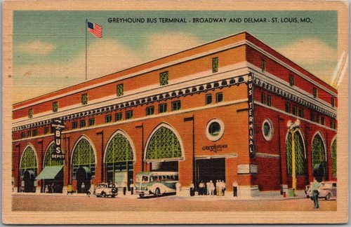 Postal vintage de St. Louis, Missouri "GREYHOUND BUS TERMINAL" lino 1943 cancelar - Imagen 1 de 2