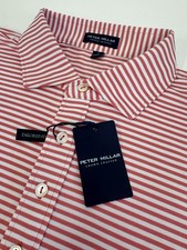 NWT Peter Millar Mood Striped Performance Mesh Golf Polo Shirt Red LARGE 110