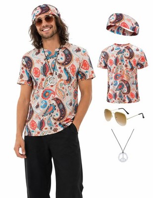 Mens 60s 70s Outfits 4 Pcs Hippie Disco Costumes for Theme Large, Multicolor
