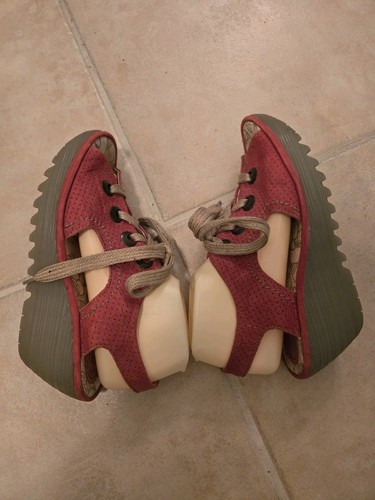Fly London Red Lace Up Ylfa Wedge Peep Toe Leather Sandals Women’s Size 41 EUC - Picture 7 of 9