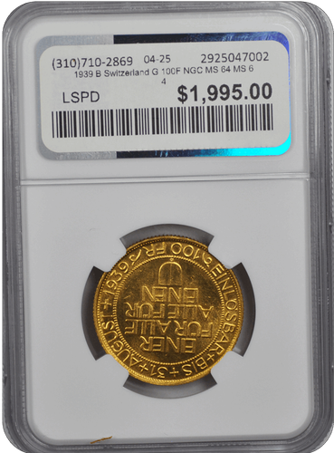 1939 B Suiza G 100F NGC MS 64 MS 64 - Imagen 2 de 2