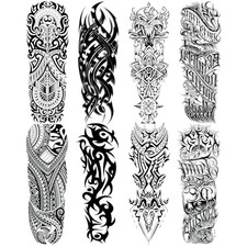 Black Full Arm Temporary Tattoo for Men, 8 Sheets Military Totem Sleeve