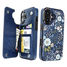 for Wallet Case with Card Holder, PU Leather RFID iPhone 16 Blue Daisy