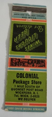 Colonial Package Liquor Store Wickford Rhode Island  Matchcover Lot 504