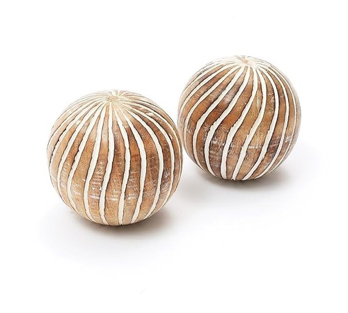 Palline decorazione sfere fiori intagliate da Artisan finitura naturale e bianca set da 2 - Foto 4 di 4