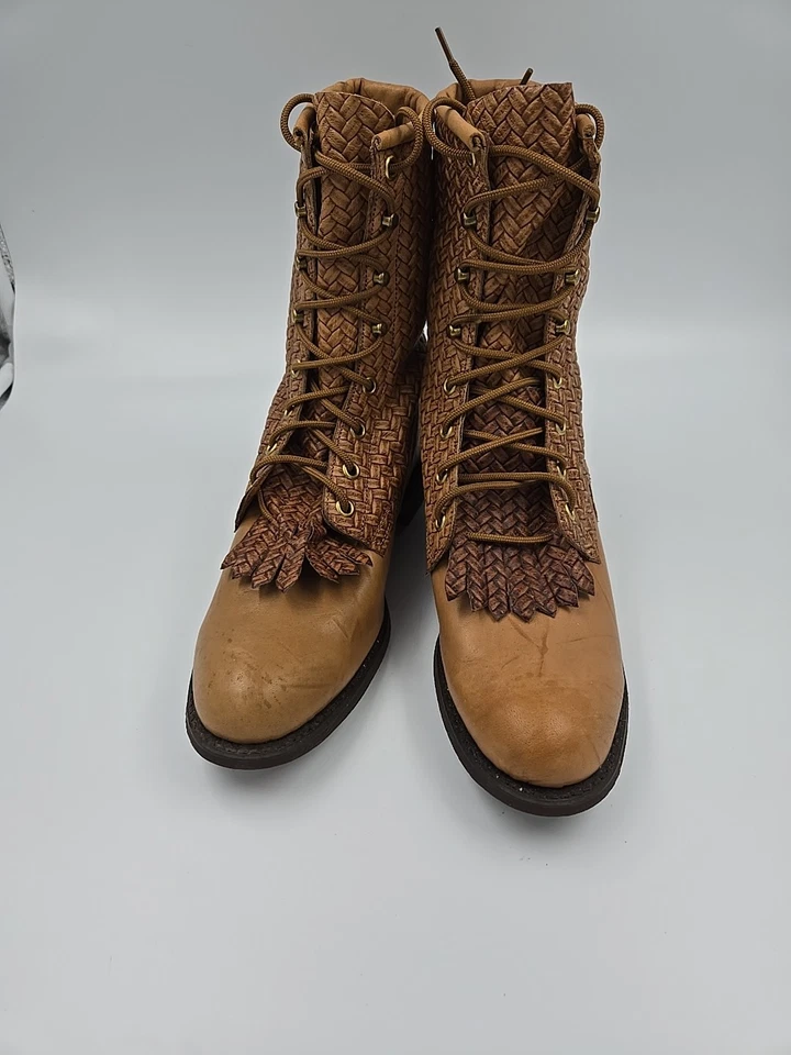 CAPEZIO De Colección Cuero Marrón Tejido Patrón Combate/Occidentales Botas Mujer 8M Con Cordones Foto 4 de 4