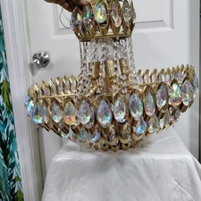 Vintage Brass Crystal Prism Iridescent Teardrop Design Ceiling Mount Chandelier 