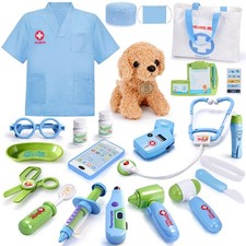 Toy Doctor Kit for Kids - Pretend Play Doctor Set with Dog Toy, Carrying Bag, St