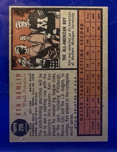 1962 Topps # 296 - KEN HAMLIN - WASHINGTON SENATORS - Picture 2 of 2