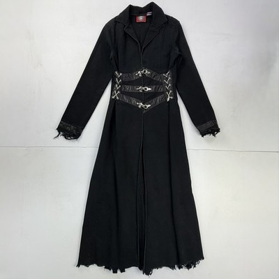 Vintage Redballs On Fire Coat Womens S? Black Denim Long Trench Goth Vampire 90s