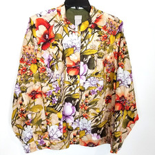 Chico's Women 100  Linen Reversible Army Green  Floral Jacket Sz XL Snap Front