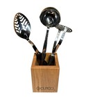 Set of 3 Vtg CUTCO  Brown Swirl Handle Serving Utensils in Wooden Caddy Holder
