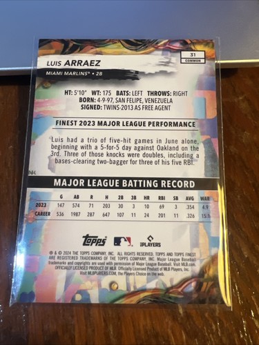 LUIS ARRAEZ: 2024 Topps Finest Common Green Refractor #31 /75 Miami Marlins - Picture 4 of 6