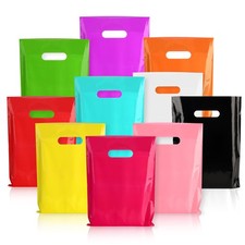 100-Pack Plastic Gift Bags with Handles -10 Vibrant Colors, 9x12 Inches,1.75 ...