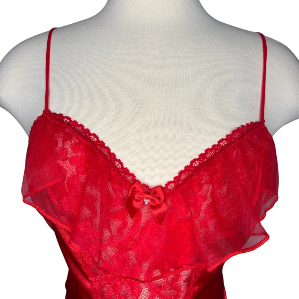 Body de peluche vintage Linea Donatella rojo satinado encaje lencería talla mediana Foto 3 de 4