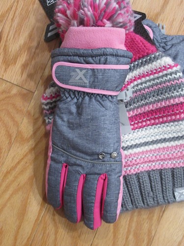 Zero Xposur Girls 2 Pc. Pom Beanie Hat + Snow Ski Gloves Set Gray Pink ~~NWT~~ - Picture 3 of 7