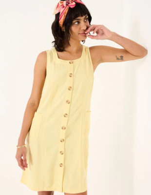FatFace Binny Light Yellow Button Linen Dress 12R Cottagecore Quiet Luxury Beach