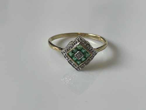 Anillo vintage estilo Art Deco esmeralda y diamantes de oro blanco y amarillo de 9 quilates - talla S - Imagen 16 de 18