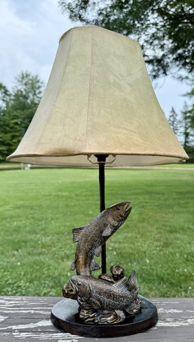 Große rustikale Forellenangeln Tischlampe Lodge Hütte Dekor Bronze Finish Schirm