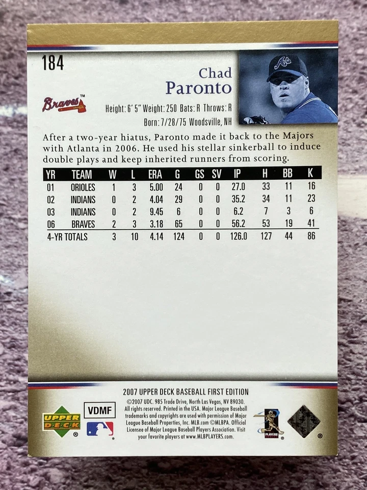 2007 Upper Deck First Edition Chad Paronto #184 Atlanta Braves - Image 2 of 2