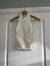 Zara Cream Fluffy Knit Halterneck Open Back Top Size S