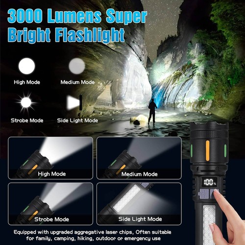 Super Bright LED Tactical Flashlight Rechargeable LED Work Light 3000 Lumens - Foto 17 di 18