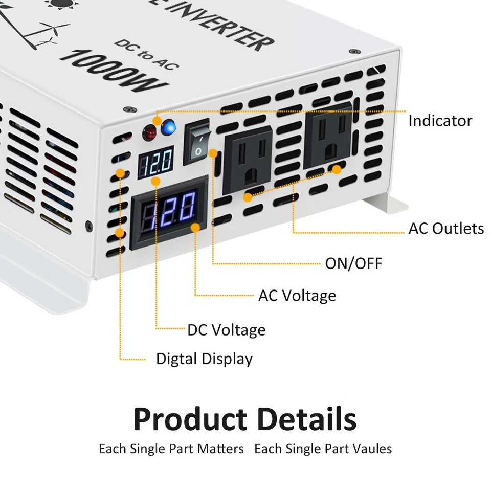 Pure Sine Wave inverter 1000W 12V DC to 120/220/240V AC Car/Home Solar Power - Image 3 of 4