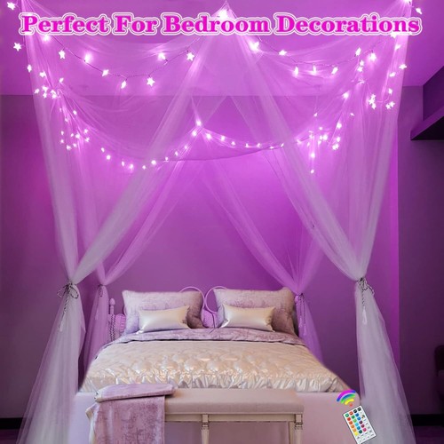 White Bed Canopy with 24 Colors Star Lights for Girls, 8 Corner Princess Canopy - 第 2/8 張圖片