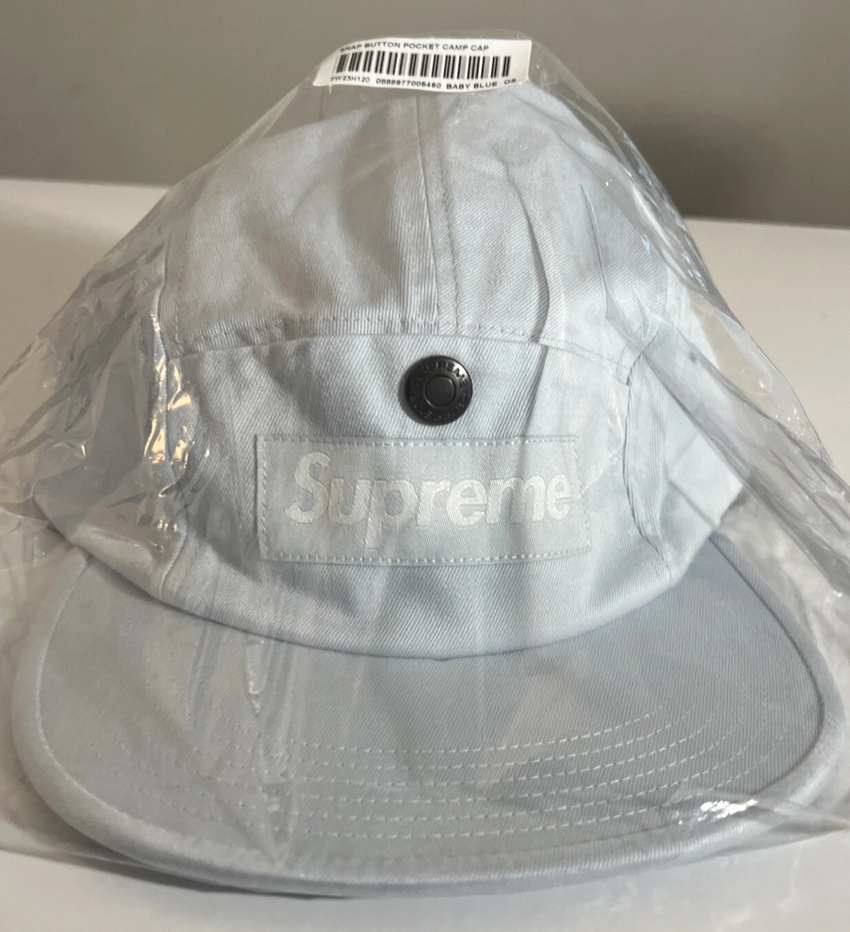 CASQUETTE DE CAMP DE POCHE BOUTON PRESSION SUPRÊME BLEU PÂLE / OS FW23 SEMAINE 11 AUTHENTIQUE / NEUVE
