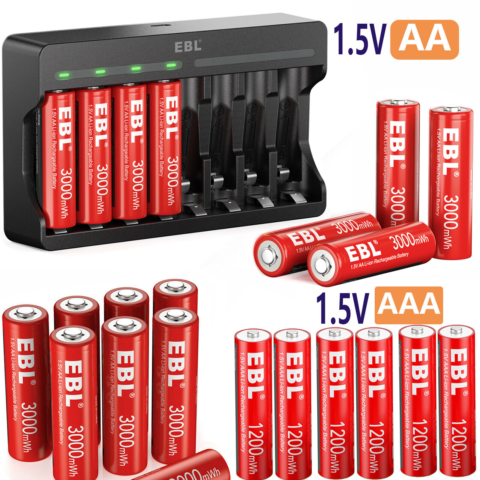 EBL 1,5V wiederaufladbare AA AAA Lithium Li Ionen Batterien Akkus+ ladegerät