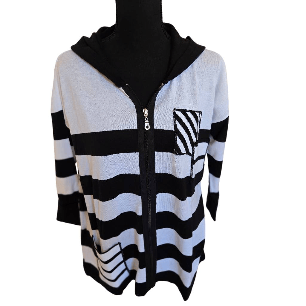 ANGEL Womens Stripe Hooded Zip Front Cardigan Sweater Black White