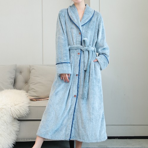 Damen Langarm Fleece Bademantel V-Ausschnitt Knopfleiste Gürtel Schalkragen Hausmantel - Bild 4 von 22