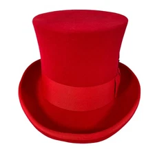 Adult Men's Hatter Steampunk English Gentleman Wool Red Top Hat Ribbon Feather