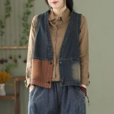 Women Retro Washed Distressed Denim Waistcoat Gilet Vest V-neck Short Jacket