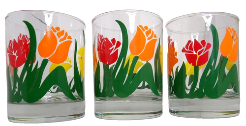 Tulip Floral 16 oz Double Old Fashioned 3 Glasses MCM Orange Red Yellow Lowball - Picture 2 of 5