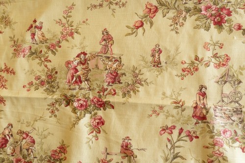 Vintage yellow and red French toile upholstery fabric remnant 33" by 54" - Picture 5 of 9