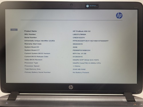 HP Probook 450 G2 w/i3-4005U, 2GB RAM Laptop na części / Naprawa #0239 - Zdjęcie 2 z 12