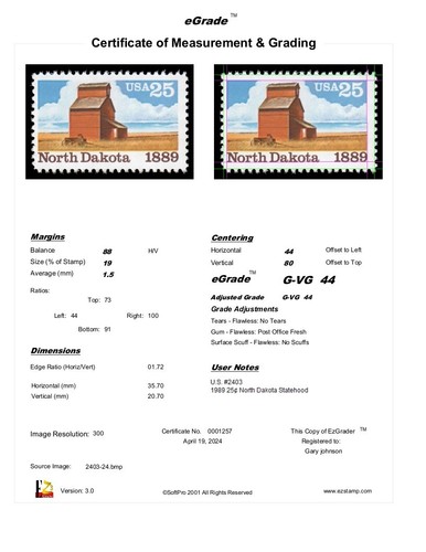 US Stamp #2403 - 1989 25¢ North Dakota Statehood, EzGrade™ G/VG, MNH, OG - Picture 3 of 3