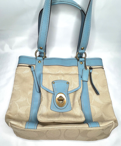 COACH Work Tote Bag Gigi Legacy Signature Blue Leather Trim Khaki F18103 - Picture 2 of 19
