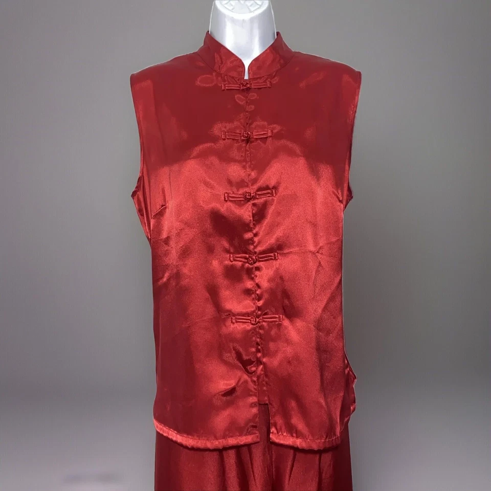 Lord & Taylor 睡衣尺寸大号缎面丝质亚洲风格红色无袖性感睡衣 — 第 2/4 张图片