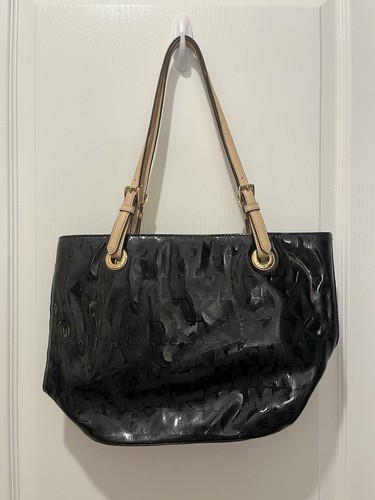 Michael Kors Signature Black Patent Leather Monogram Jet Set Shoulder Bag Tote