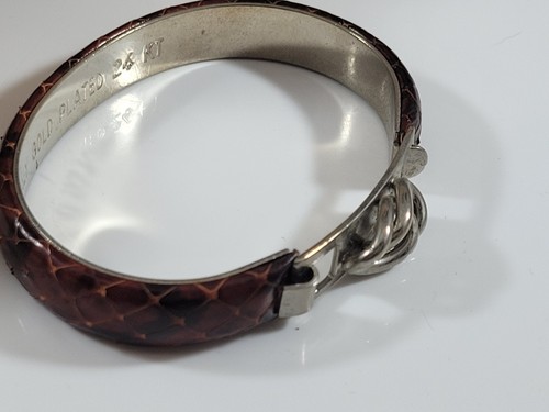 Vintage Bracelet Silver Tone Bangle Clip 24Kt Gold Plated Faux Snakeskin Unique - Picture 7 of 9