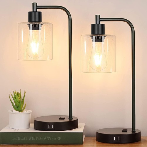 Industrial Touch Control Table Lamps Set of 2 Black Bedside Lamps with 2 USB P