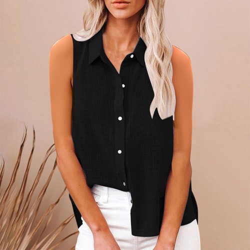 Solid Sleeveless Single Breasted Woven Polyester Turn-down Collar Cap Sleeve - Picture 14 of 21