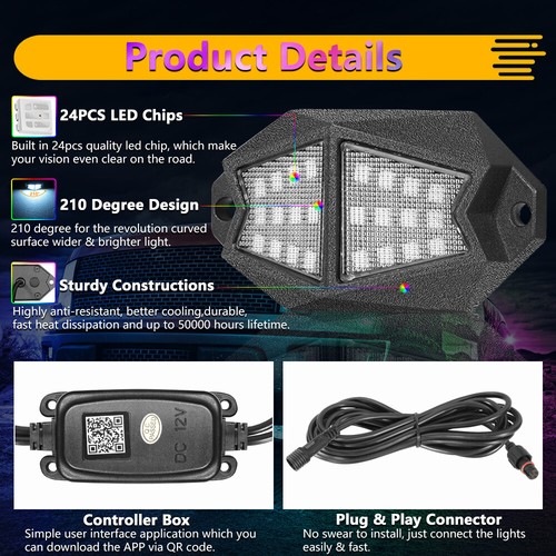 8 Pod RGB LED Rock Light bluetooth Underglow Lamp for CAN AM POLARIS RZR ATV UTV - Picture 3 of 12