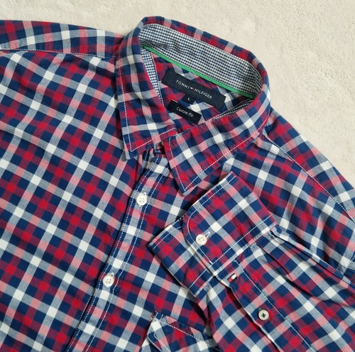 Tommy Hilfiger Shirt Mens Large Button Up Blue Red Plaid Custom Fit Long Sleeve